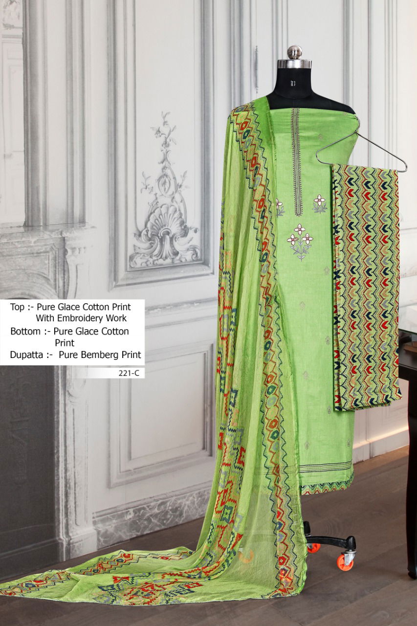 BIPSON 221 COLOURS Ethnic Latest Regular Wear Cotton Glace Print with Embroidery work Top With Pure Bamber chiffon print Dupatta Collection

